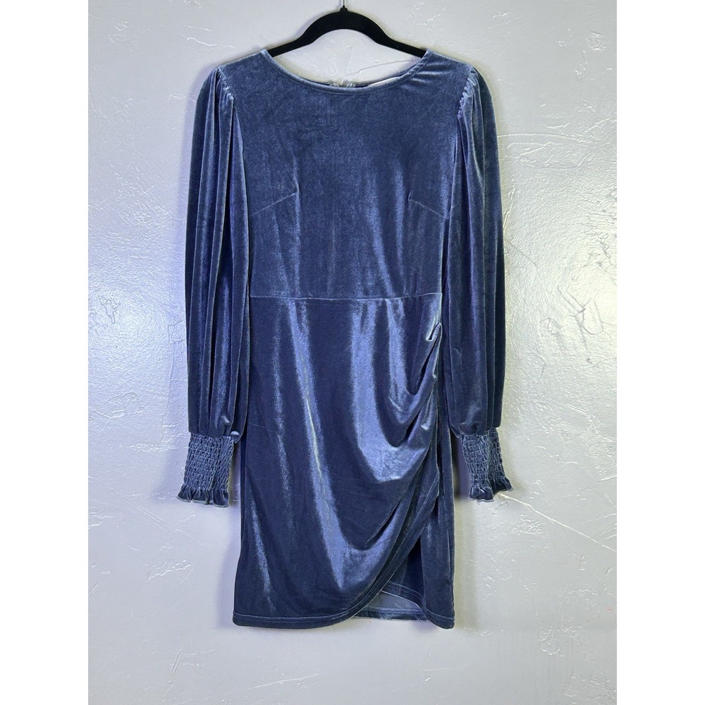 Mieazom blue velvet long-sleeve mini dress ruched faux-wrap Small
